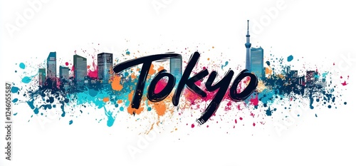 Vibrant urban skyline of Tokyo featuring modern architecture and iconic tower against a colorful backdrop
