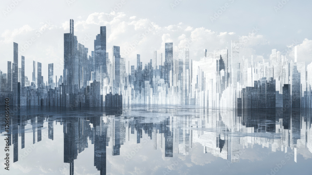 Fototapeta premium A breathtaking digital artwork of a metropolitan skyline with a perfect reflection on a glass-like surface