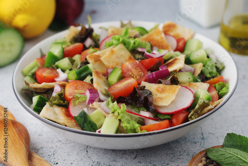 A bowl with Fattoush - Traditional Levantine salad	 photo