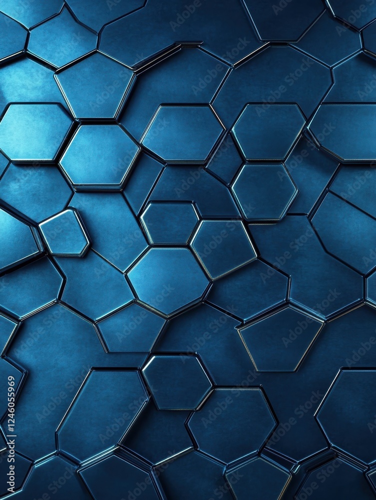 Fototapeta premium Close-up view of blue metallic hexagonal tiles, 3D futuristic texture background