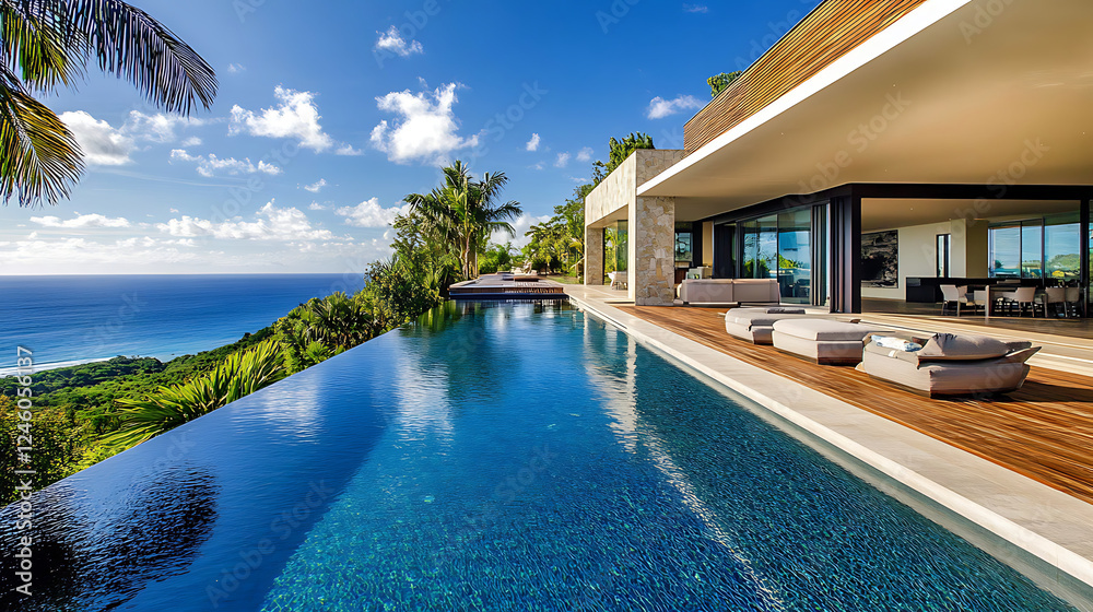 Fototapeta premium A modern villa with an infinity pool overlooking the ocean, surrounded by lush greenery and a clear blue sky.