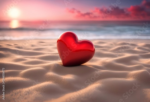 A romantic heart shape on the beach with a couple enjoying the view of the sea and sky on a summer Valentine's day photo