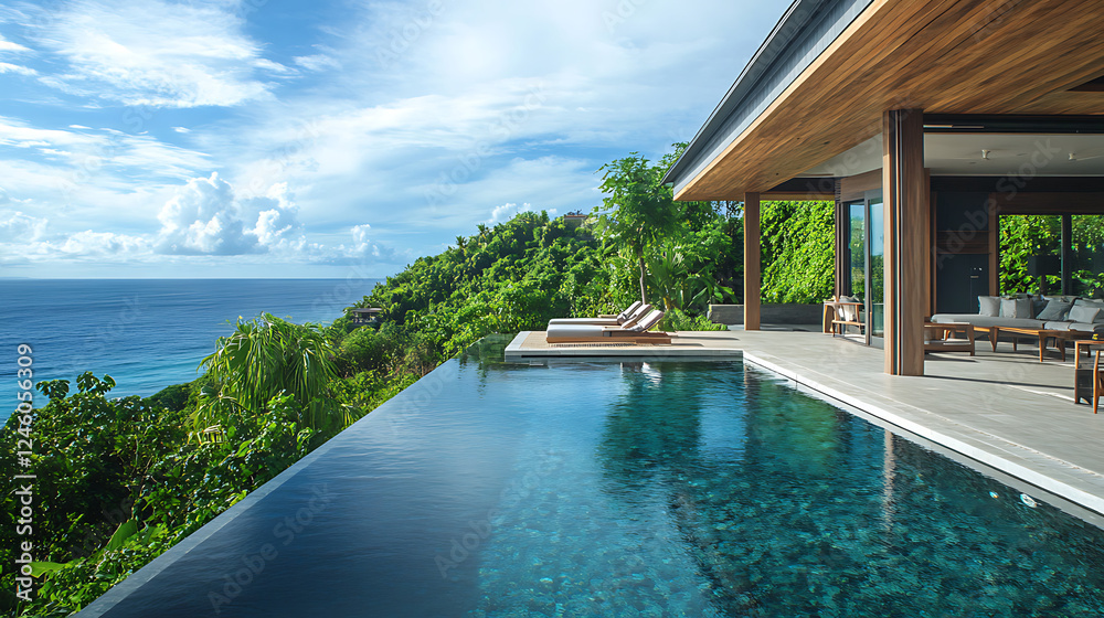 A luxurious villa with an infinity pool overlooking a vibrant ocean and lush greenery under a bright blue sky. A luxurious villa with an infinity pool overlooking a vibrant ocean and lush greenery under a bright blue sky.