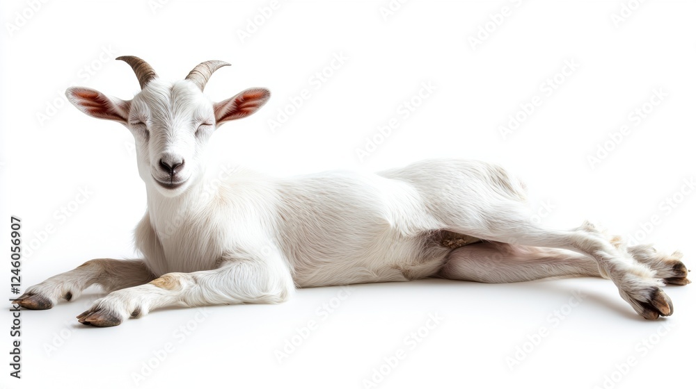 Fototapeta premium Happy Goat Relaxing on White Background with Peaceful Expression