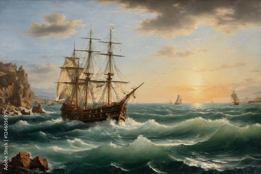 An old schooner with sails during a storm at sea. An old schooner with sails during a storm at sea.