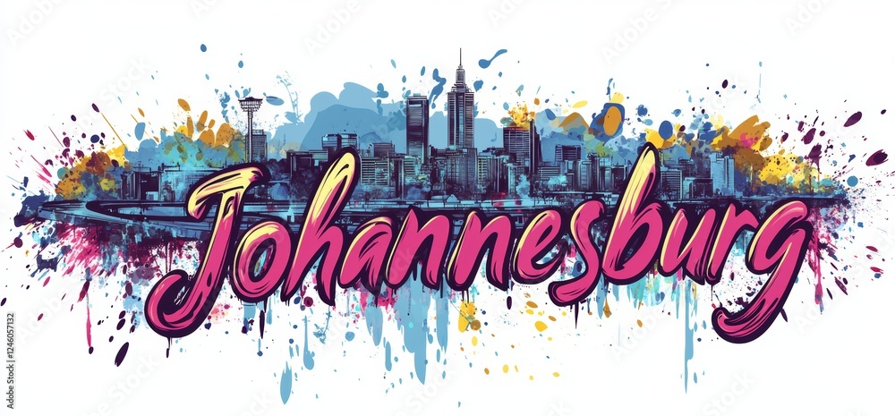 Obraz premium Colorful artistic representation of Johannesburg skyline showcasing modern architecture and vibrant culture