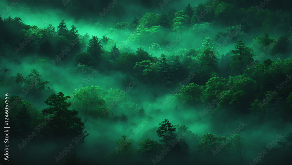 Fototapeta premium Enchanted Forest in Misty Green Hues