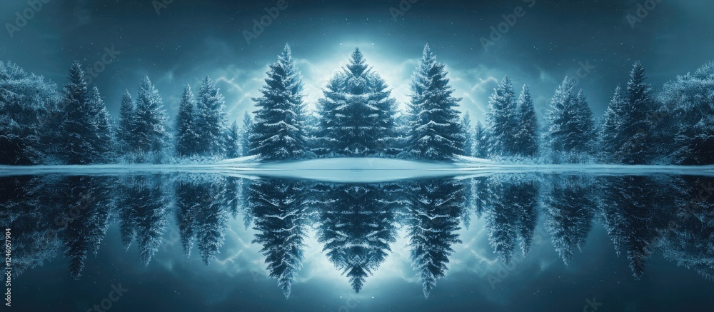 Fototapeta premium Symmetrical winter landscape featuring a serene lake reflecting snow-covered evergreen trees under a soft blue glow with tranquil icy tones.