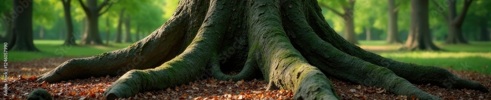 Tree trunks with rugged bark and twisted roots, deciduous trees, ancient tree, nature photography Tree trunks with rugged bark and twisted roots, deciduous trees, ancient tree, nature photography