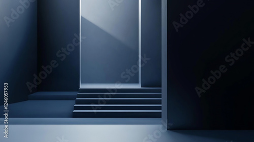 Futuristic Hallway Blending into Space Station Corridor with blue hallway with blank billboard.