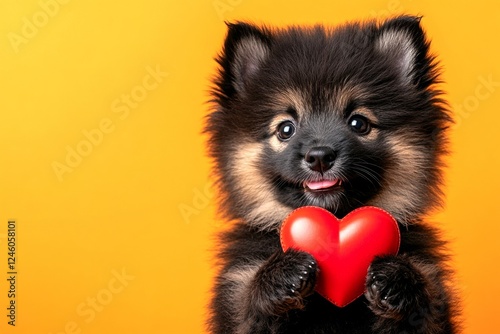 Finnish lapphund - my cherished dog. Promotion visual idea art. Cute finnish lapphund pup with diamond red heart - sign of love, funny greeting card. Love and companionship. February pet love.