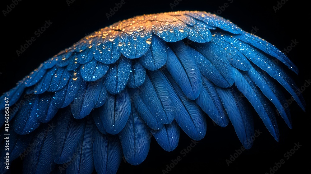Fototapeta premium A striking blue feather with glistening droplets creates a captivating look