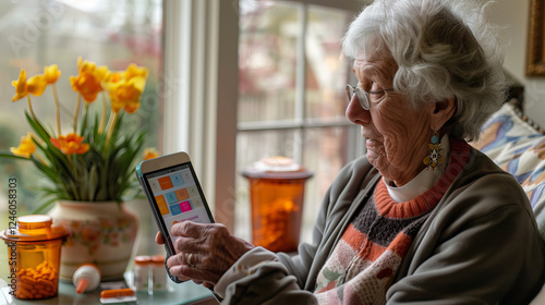 An elderly woman enjoys using her smartphone while surrounded by flowers, capturing a moment of modern living and connection.