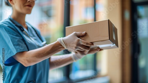 Healthcare professional receives a delivery package while wearing gloves in a modern medical facility.
