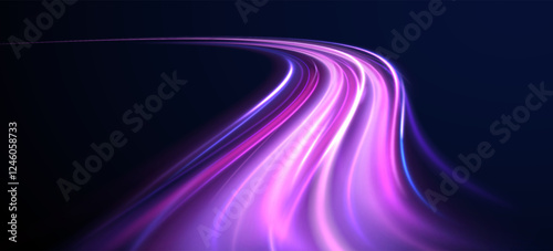 Creative vector illustration of flying cosmic meteor, planetoid, comet, fireball isolated on transparent background. Effect, png, wave,neon,line. Light arc in neon colors, in the form of a turn. 