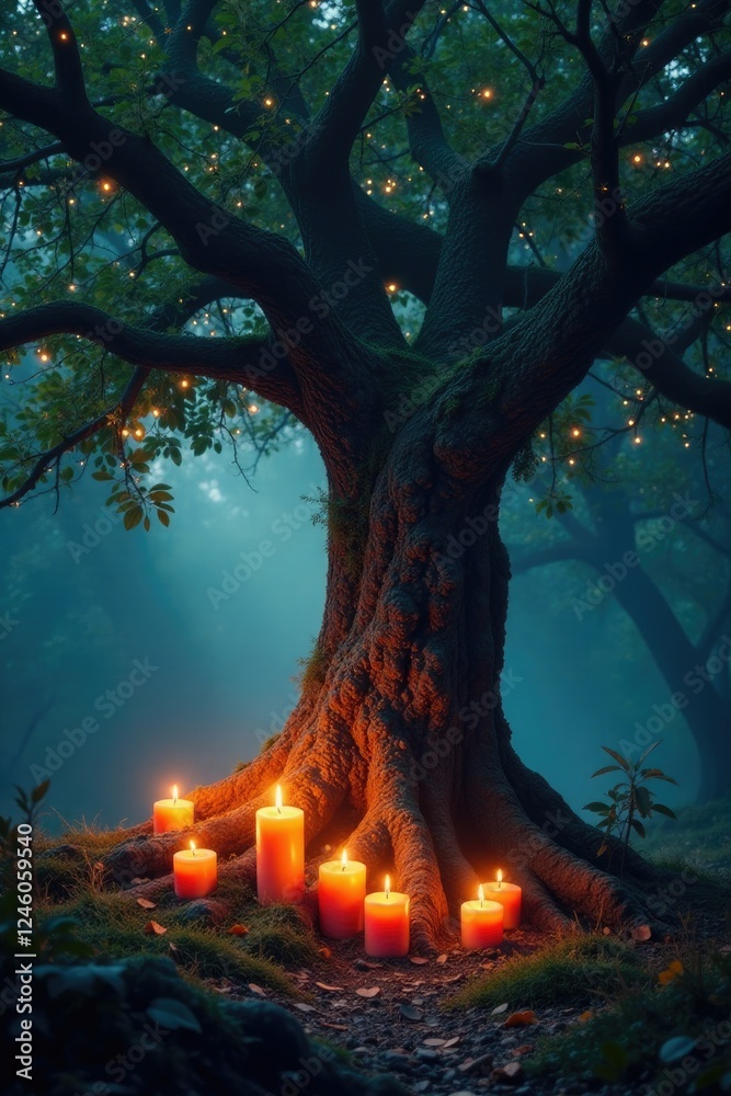 Twinkling Candles Surrounding An Ancient Tree, mystical, mystic, tree Twinkling Candles Surrounding An Ancient Tree, mystical, mystic, tree