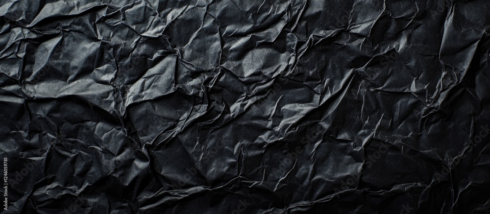 Textured black crinkled paper background featuring deep black tones with uneven folds and creases, ideal for creative design purposes.