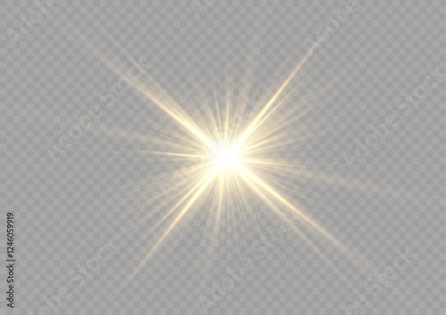 Sun flush with raos or gold spotlyght and boke. Gold lance flares network. Yellow glowing light burst and transparent back ground. Lights flare, star flash light, white sun rays, png. 