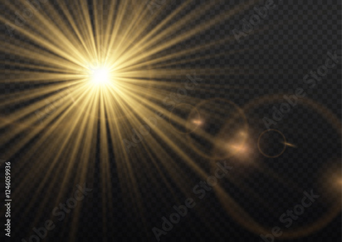 Sun flush with raos or gold spotlyght and boke. Gold lance flares network. Yellow glowing light burst and transparent back ground. Lights flare, star flash light, white sun rays, png. 