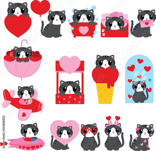 grey cat, Valentine’s kitten, romantic feline, love-themed kitty, cat with hearts, adorable grey kitty, heart balloon cat, cat holding love letter, sweet Valentine pet, grey tabby Valentine