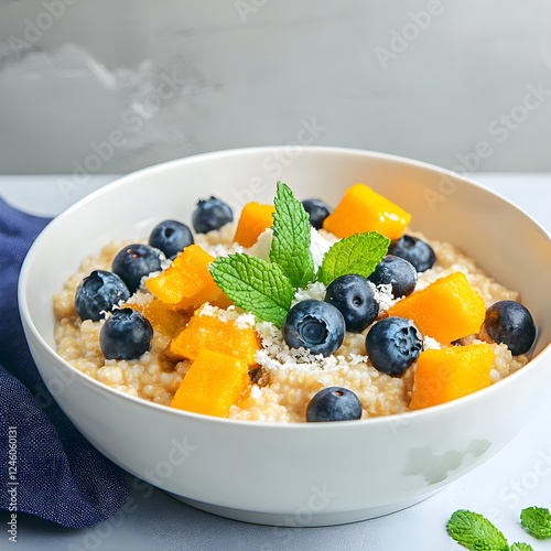 Tasty millet porridge with blueberries, pumpkin and mint in bowl on light grey table, closeup.