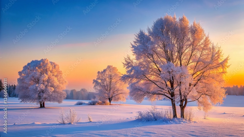 Serene Winter Dawn: Frost-Covered Trees in a Tranquil Landscape Serene Winter Dawn: Frost-Covered Trees in a Tranquil Landscape