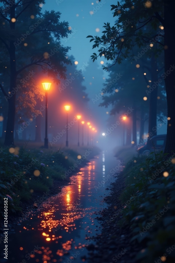 Obraz premium Twinkling lights amidst a hazy twilight scene, soft refraction, hazy illumination, mystical atmosphere
