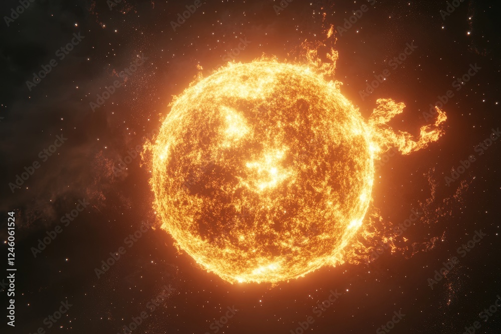 Fototapeta premium Fiery Sun Burning in Space, Stellar Background, Science