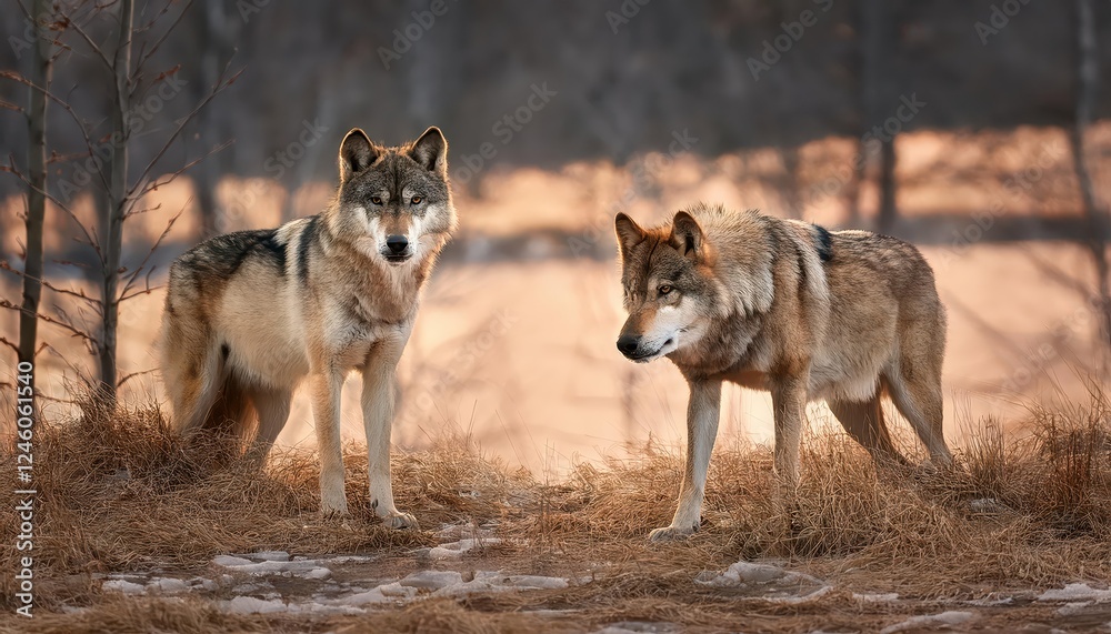 Majestic Gray Wolves Roaming the Frosty Midwestern Plains at Sunset, Captured in a Stunning Moment of Wild Beauty Majestic Gray Wolves Roaming the Frosty Midwestern Plains at Sunset, Captured in a Stunning Moment of Wild Beauty