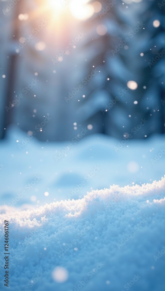 Delicate snowflakes gently fall on the pristine white snow, frozen landscape, winter wonderland Delicate snowflakes gently fall on the pristine white snow, frozen landscape, winter wonderland