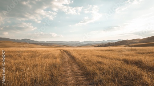 Wallpaper Mural Rural path through golden field, mountain backdrop, sunny day, travel background Torontodigital.ca