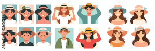 set of vector avatars of teenagers with hats