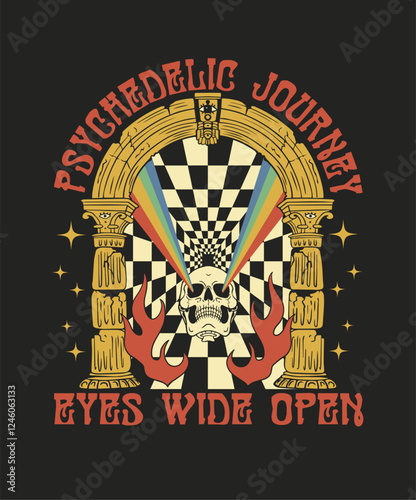 skull with rainbow rays from eyes, psychedelic illustration, t-shirt print, poster, optical illusion