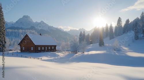 Snowy mountain cabin sunrise winter landscape; idyllic postcard