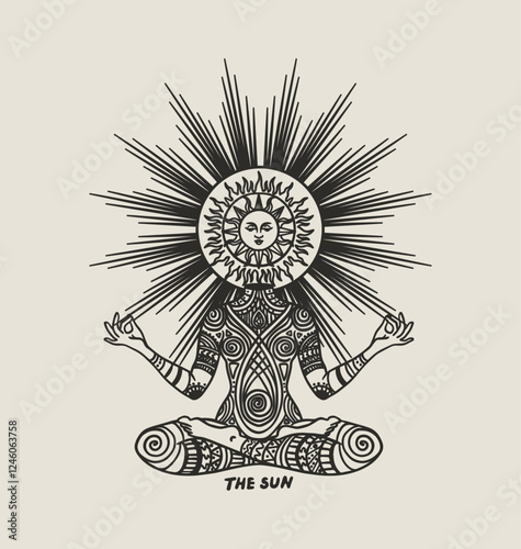 girl in lotus position with sun instead of head, ink minimalist print, tattoo