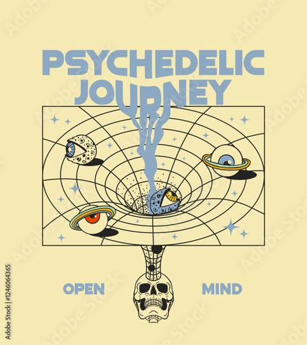 psychedelic t-shirt print with skull and wormhole, optical illusion, retro minimalism. psychedelic journey