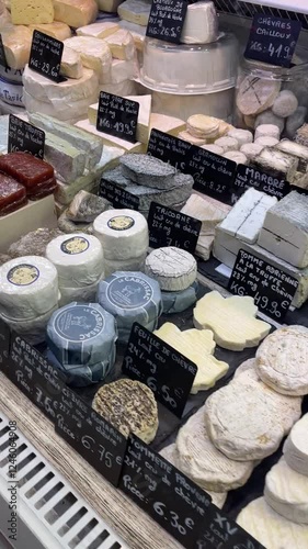 A variety of goat cheeses displayed in a store, featuring different shapes, textures, and colors with price tags.  

