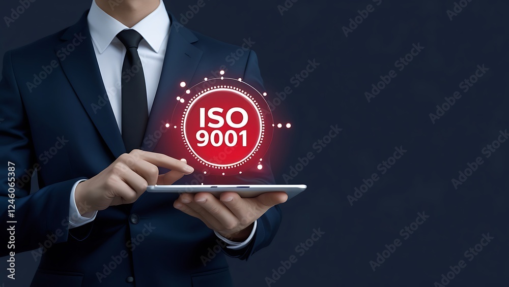 ISO 9001 Concept, Businessman holding a tablet with text iso 9001, ISO 9001, quality management, international standards, ISO certification,