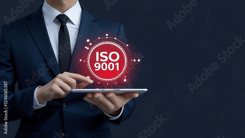 ISO 9001 Concept, Businessman holding a tablet with text iso 9001, ISO 9001, quality management, international standards, ISO certification,	