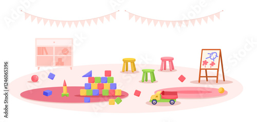 Colorful childrens playroom with blocks, truck, stools, shelf, and easel on a white background. Concept of fun and creativity. Vector illustration