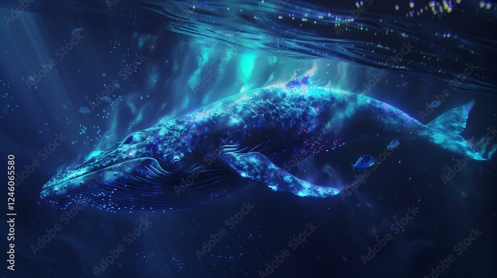 Naklejka premium Mesmerizing bioluminescent whale swims through the deep ocean