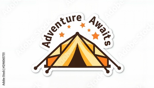 Colorful camping sticker design featuring tent and stars, exploration theme