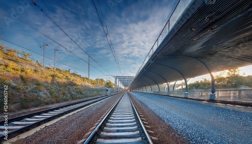 Majestic Steel Archways of the Modern MadridLevante Railway Underpass, Engulfed in the Warm Hues of a Spanish Sunset, Showcasing Textured Concrete and Glass Against an Autumnal Backdrop. photo