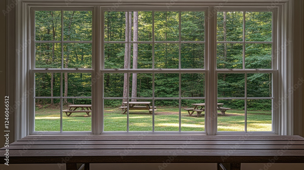 Fototapeta premium Large windows reveal a vibrant autumn landscape with golden trees and picnic tables, offering a peaceful outdoor view