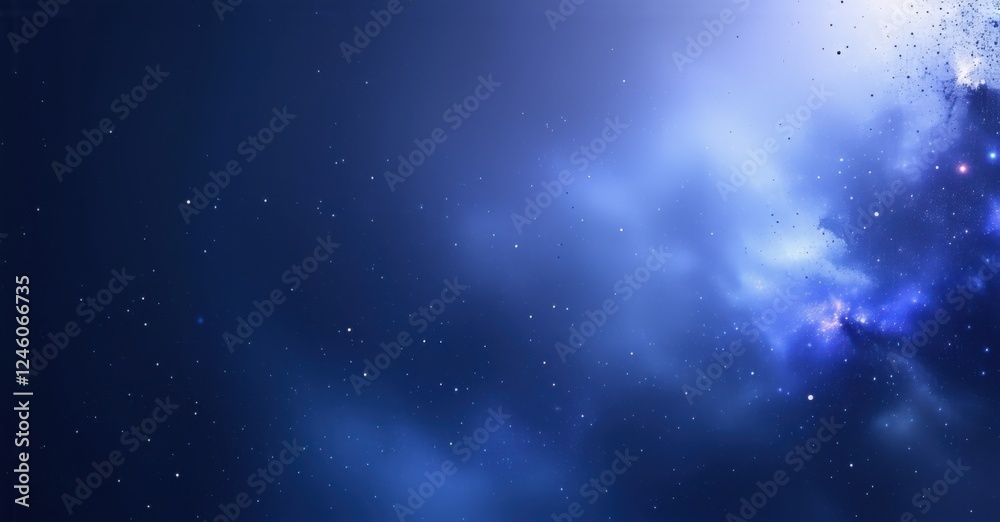 Naklejka premium Dark cosmos gradient fading from deep indigo to scattered silver mist, with a subtle grain texture, creating a serene and vast cosmic scene filled with stars