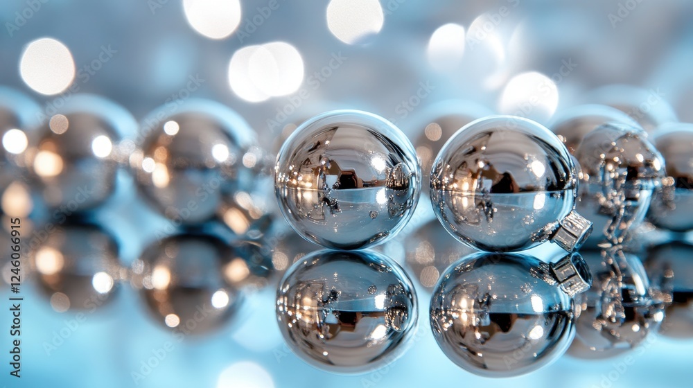 Close-up of reflective silver spheres on glossy surface with blurred background Close-up of reflective silver spheres on glossy surface with blurred background
