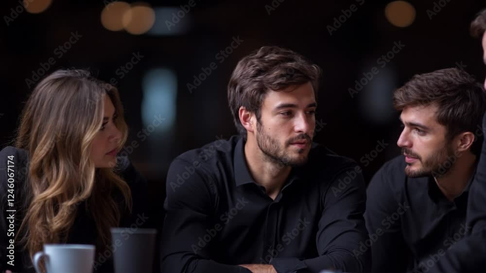 Three people are smiling and laughing together at a table with cups in front of them. Scene is happy and friendly Three people are smiling and laughing together at a table with cups in front of them. Scene is happy and friendly