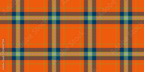 Vibrant orange plaid pattern, perfect for textile design, apparel, or website backgrounds.  This seamless texture features a bold, classic check design with contrasting thin lines.