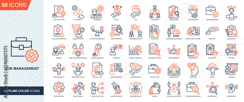 Job Management icon collection Outline Color Style. job evaluation, systematic, Determine, value, job