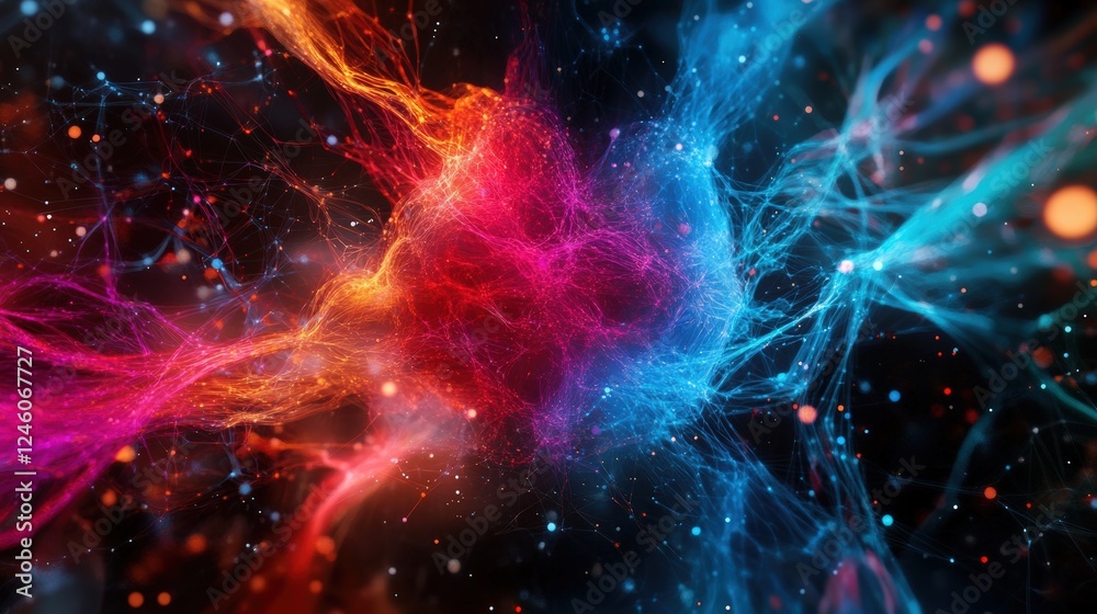 A glowing neural network visualized as a 3D web of connections, with data streams flowing dynamically through its nodes A glowing neural network visualized as a 3D web of connections, with data streams flowing dynamically through its nodes